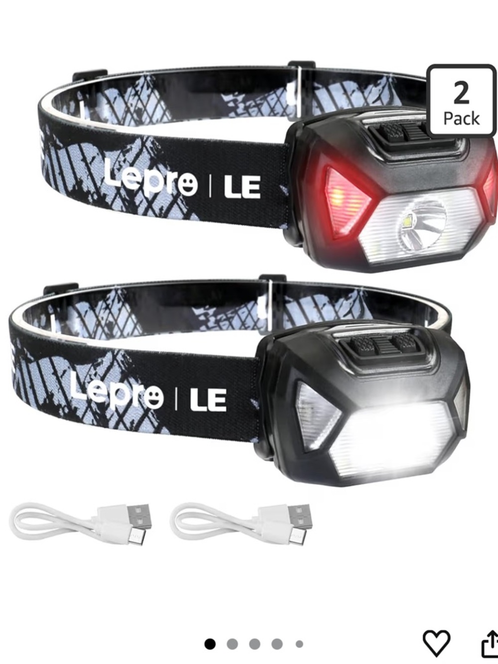 Rechargeable Black & White LED Headlamp - 2 Pack